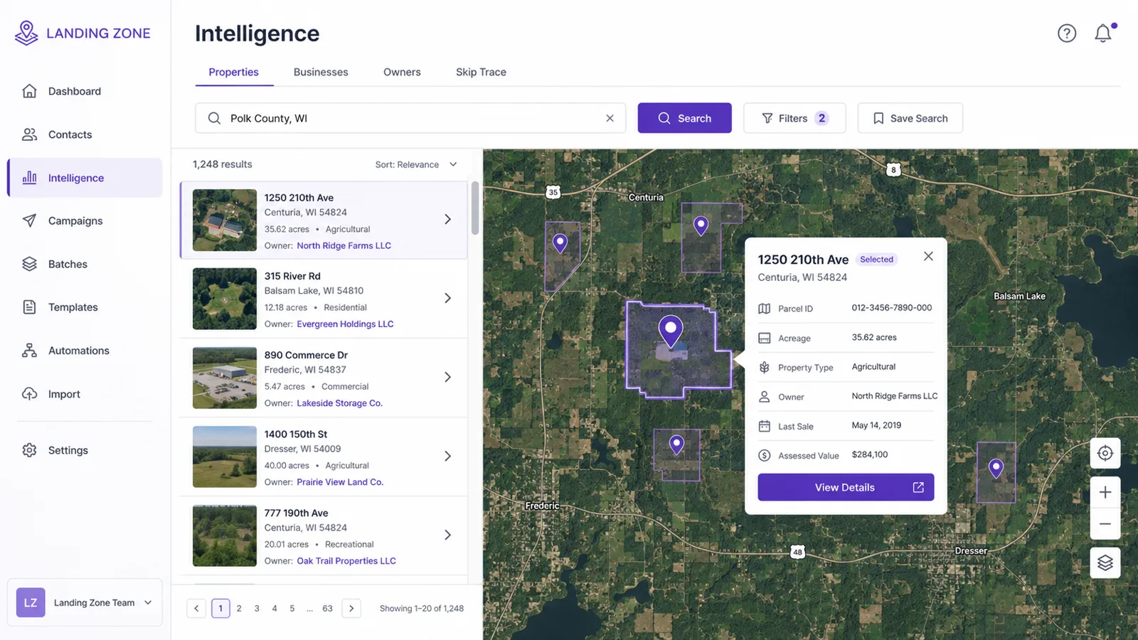 Landing Zone Intelligence property search: a map of Polk County, Wisconsin with parcel outlines and a results list showing addresses, acreage, and owners