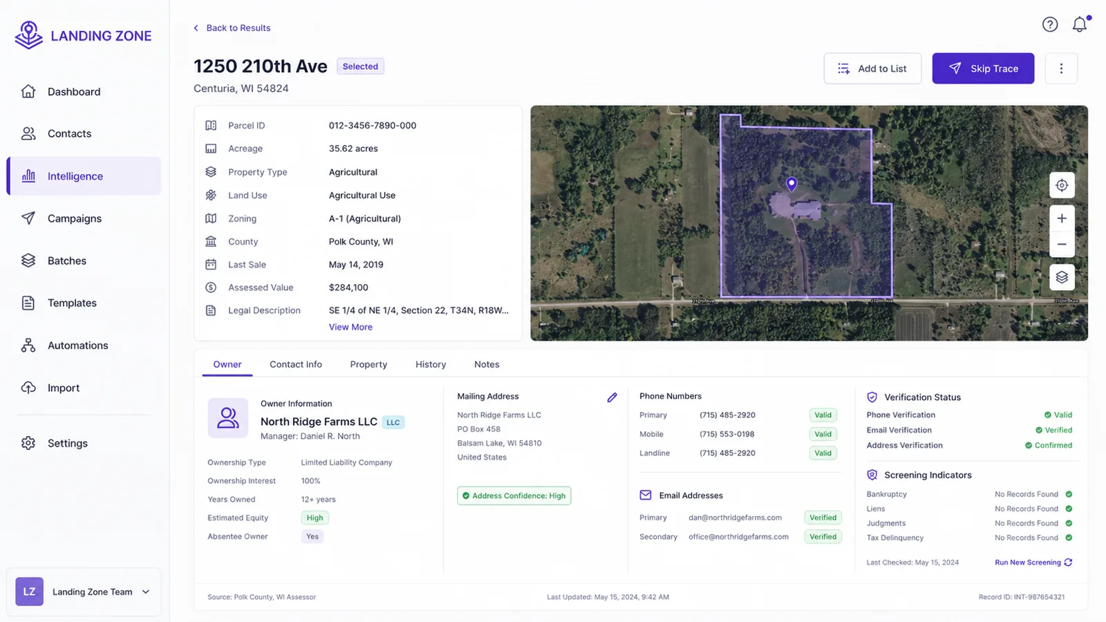 A Landing Zone property record showing parcel details, an aerial map, and the owner panel with mailing address, phone numbers, and email verification status