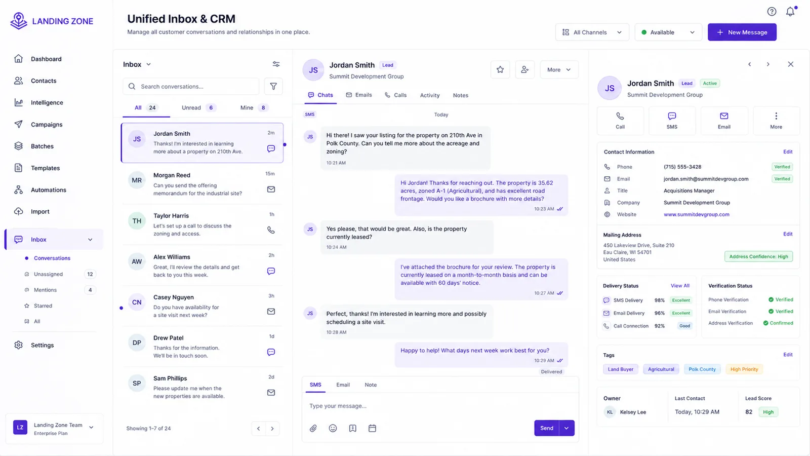 The Landing Zone unified inbox and CRM: a conversation list, an open SMS thread, and a contact panel with verified phone and email details and tags